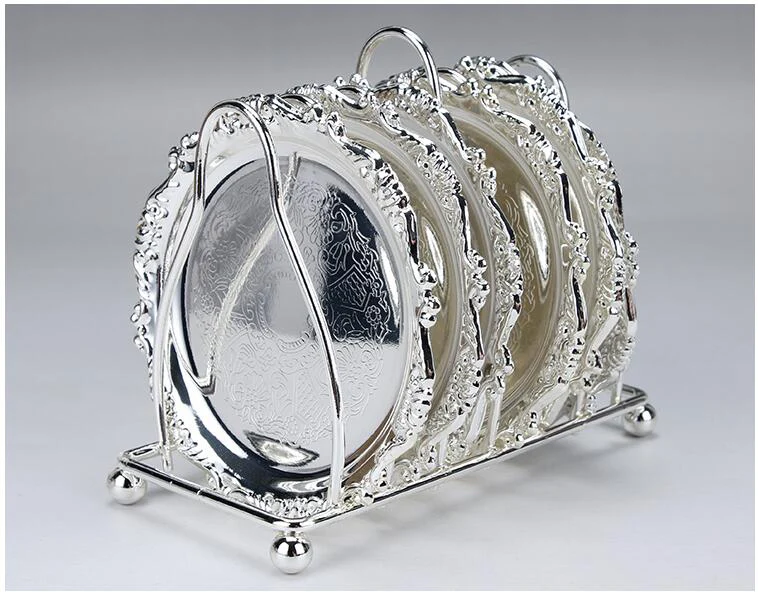 silver set 6 шт./компл. сплав металла круглый милый Кофе/Подставка под чашку подставка для чашки десертная тарелка с проволочный держатель гравировка тисненый стол - Цвет: silver set