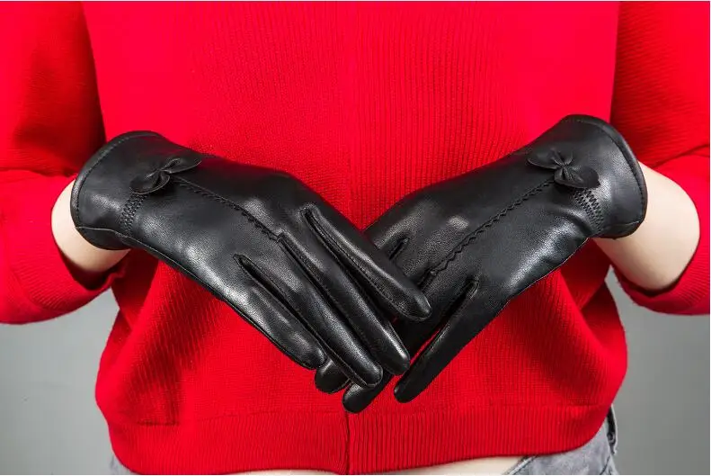 VISNXGI кашемировые перчатки, сохраняющие тепло, кожаные женские перчатки, модные зимние женские перчатки из овчины с бантом, женские перчатки Guante