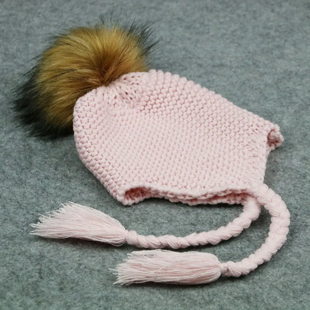 

Baby Hat Children Winter Hats For Girls Boys Acrylic Thick Warm Knitted Ears Beanie Fox Fur Pompom Cap bonnet NEW