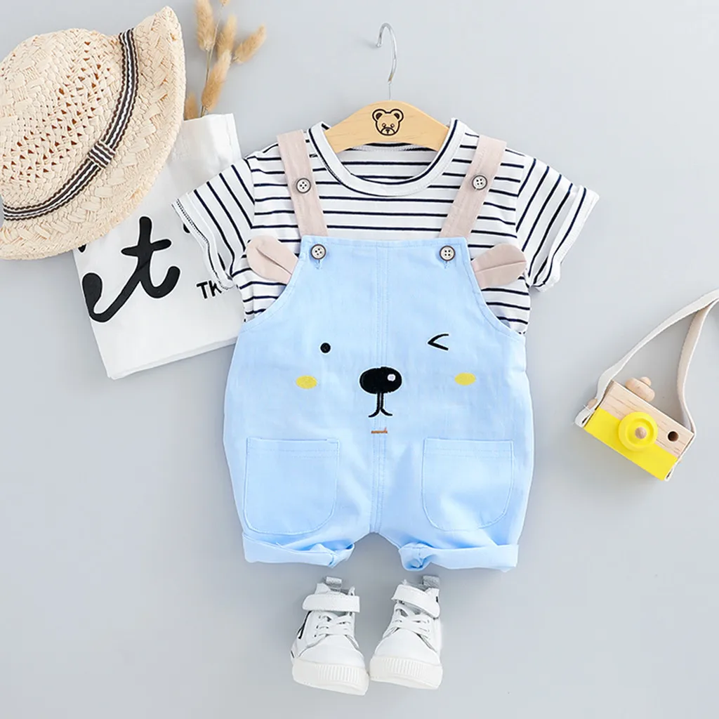 MUQGEW одежда для маленьких мальчиков и девочек топы в полоску, футболка, комбинезон с рисунком медведя, кота, штаны Одежда для новорожденных девочек летние комплекты одежды
