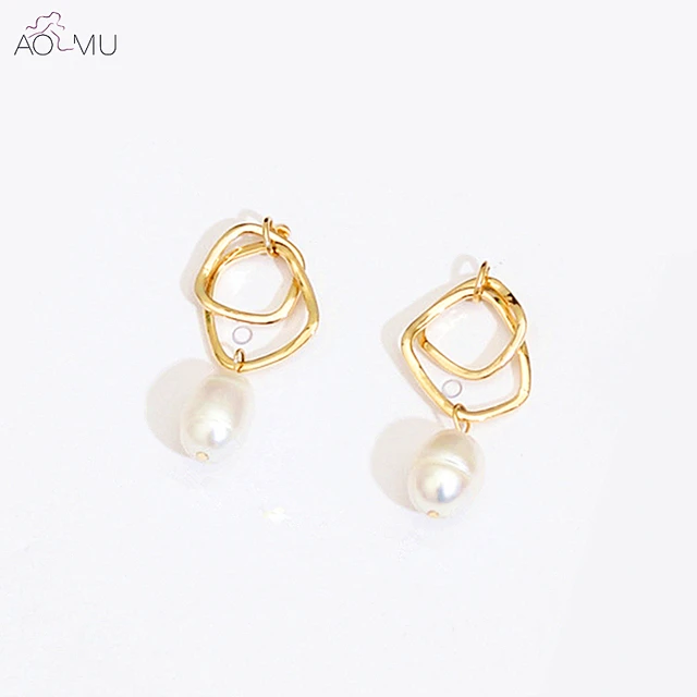 Aomu Korea Design S925 Sterling Silver Pin Geometric Gold Metal Aomu Korea Design S925 Sterling Silver Pin Geometric Gold Metal Square Natural Irregular Freshwater Pearl Earrings