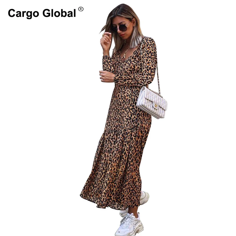 

Spring And Autumn Women Long Dress Leopard Print V Neck Longo Vestido De Festa Casual Beach Party Dress