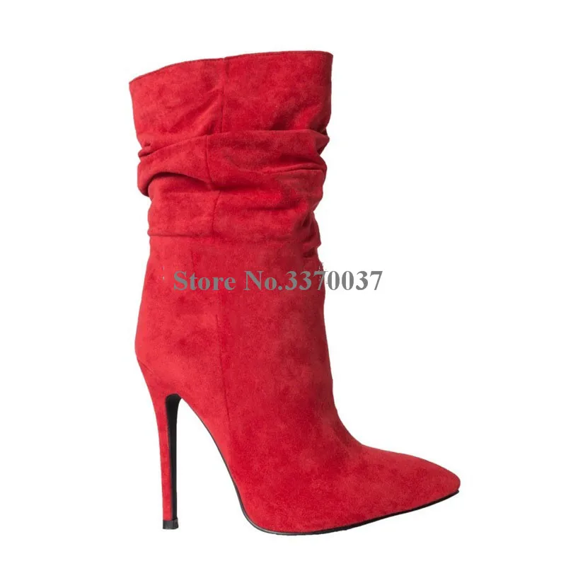 Botas de piel de ante con punta estrecha para mujer, botines de media caña,  tacón alto, sin cordones, color rojo y negro - AliExpress Calzado