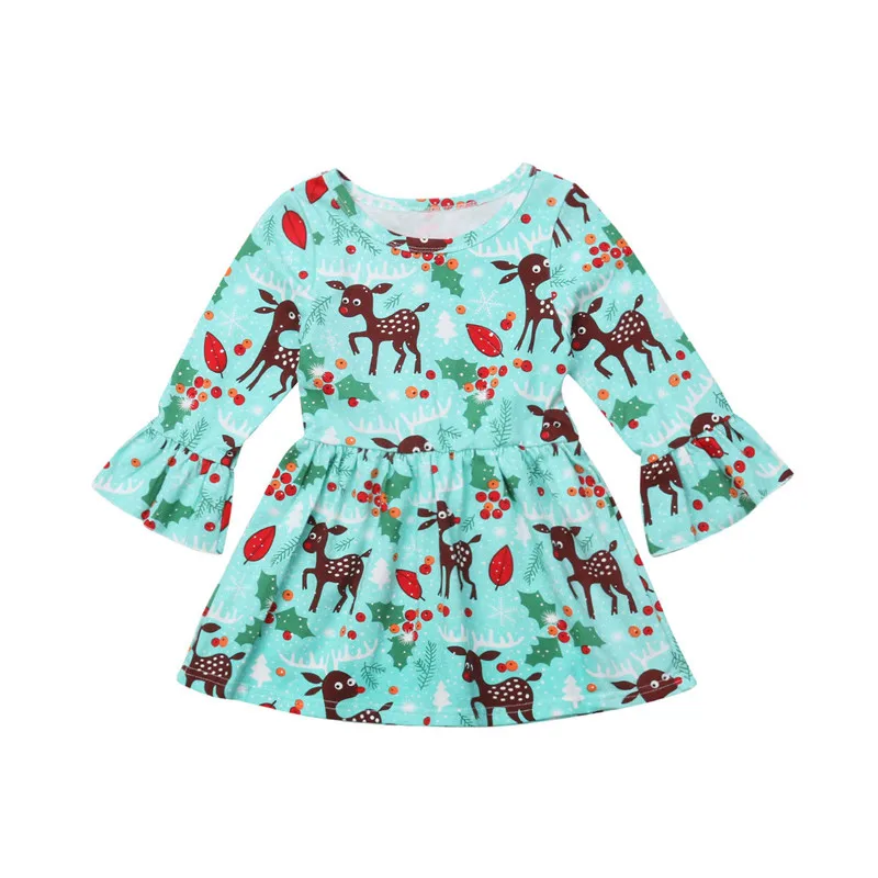 

Baby Girls Long Sleeve Autumn Dress Kids Girls Christmas Reindeer Printed Party Dresses Xmas Flare Sleeve Princess Dress 1-7Y
