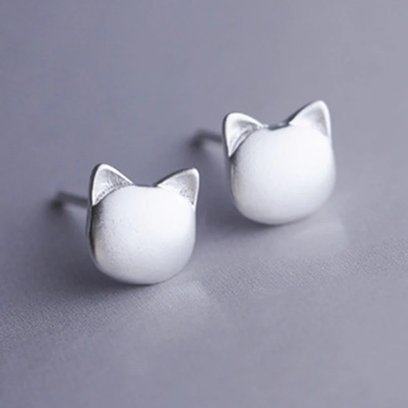 Women New Design Cat Earring Solid 925 Sterling Silver Cute Stud