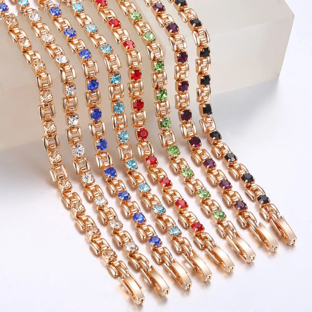 8 Color Cubic Zircon Bracelets For Women 585 Rose Gold Square Link Wristband Girlfriend Wife Gifts Women’s Jewelry 20.6cm GBM101