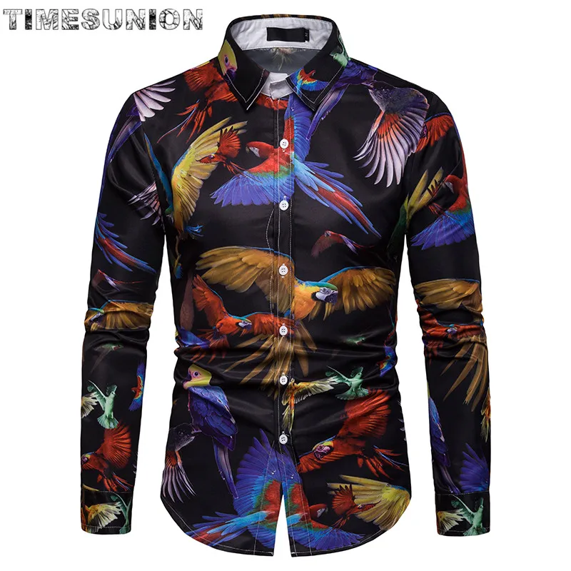 Parrot Print Shirt Men 2019 Brand New Smooth Silk Cotton Mens Dress Shirts Casual Slim Fit Long Sleeve Chemise Homme Camisa