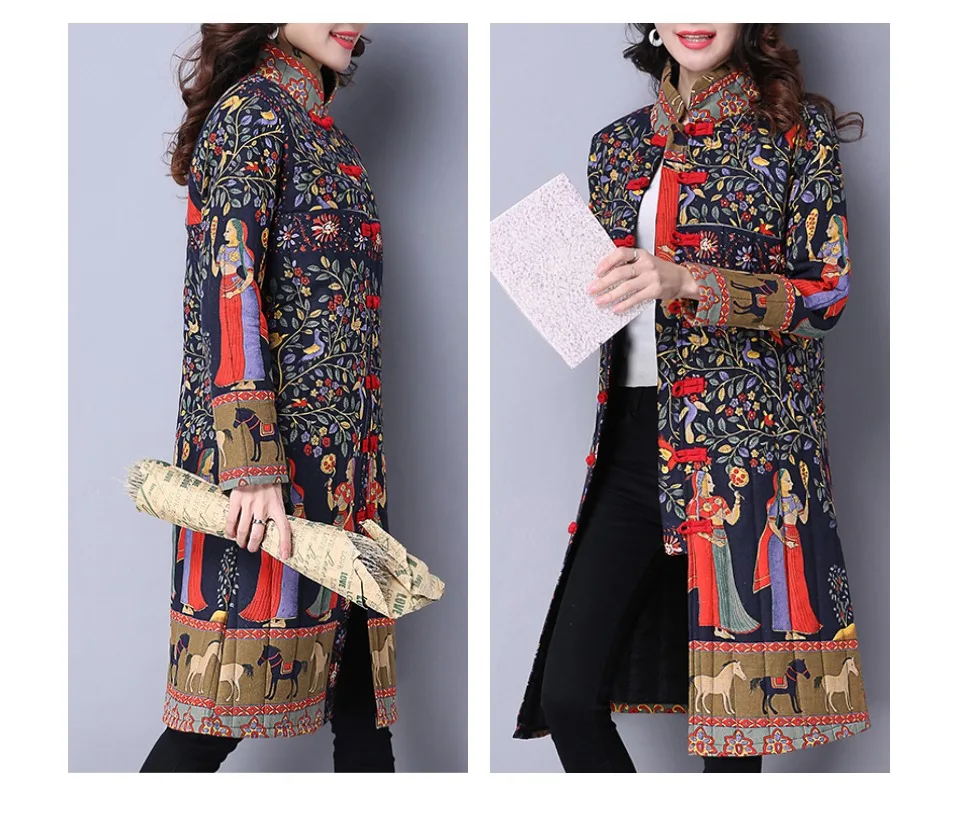 Winter Jacket Women Thick warm Long Parka Mujer Cotton Padded coat vintage Button Print Overcoat plus size Women Tops