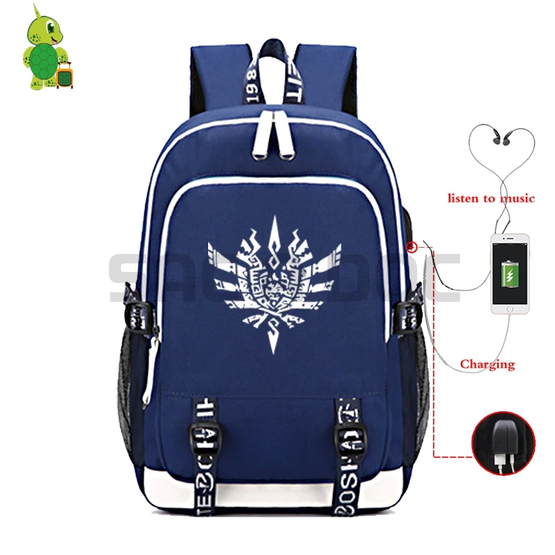 Monster Hunter USB зарядка Разъем для наушников светящиеся школьные сумки для подростков мальчиков девочек многофункциональный ноутбук путешествия рюкзак