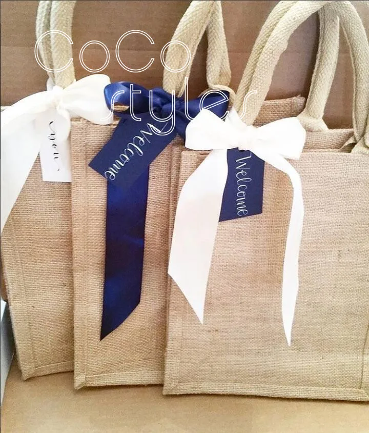 

Cocostyles custom blank graceful handmade gunny bag with royalblue ribbon for wedding party event welcome gift bag