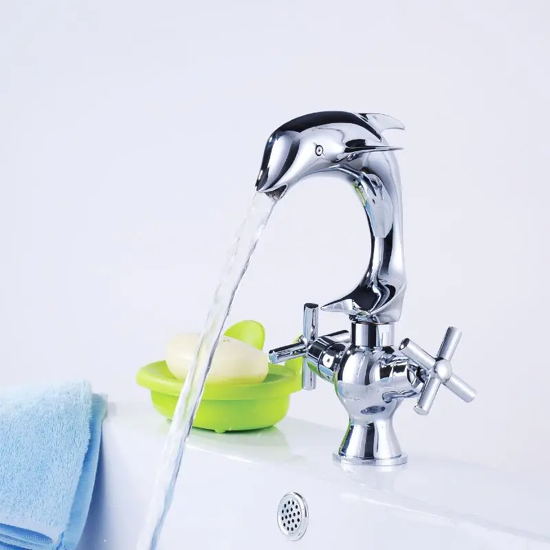 

JOOE Modern chrome Bathroom Basin Faucet dolphin Creative water tap hot and cold mixer tap Deck Mounted waterfall faucet robinet