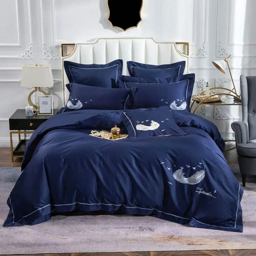 

2019 Simple Deep Blue Feathers Bedding Set Embroidery Egyptian Cotton Bedlinens Queen King Size Duvet Cover Set Cushion Covers