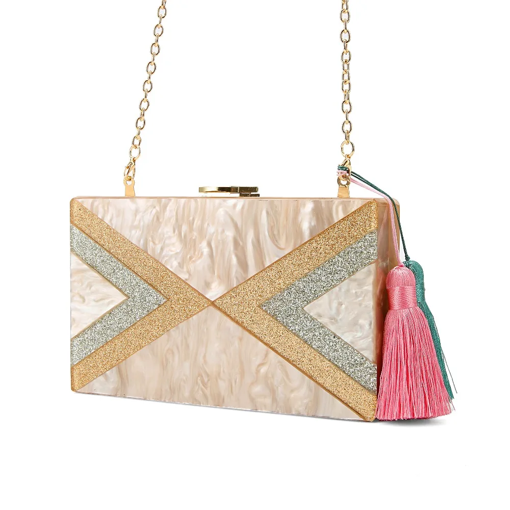 Nude Silver Gold Glitter Striped Geometric Tassel Acrylic Evening Bag Travel Messenger Shoulder Acrylic Clutch Box Purse Bags