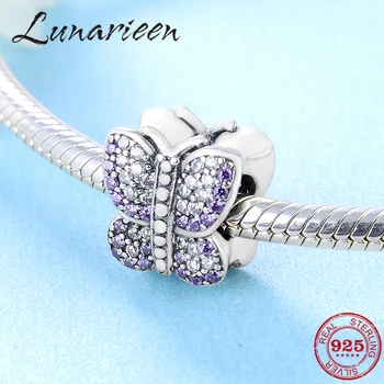 

New 925 Sterling Silver Shiny transparent purple zircon butterfly DIY beads Fit Original Pandora Charm Bracelet Jewelry making