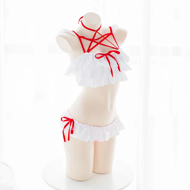 إمرأة مثير ازياء كشكش مجموعة البكيني لوليتا تأثيري ملابس السباحة الخماسي Strappy و Bathingsuit الأرنب خادمة كوس المشجع