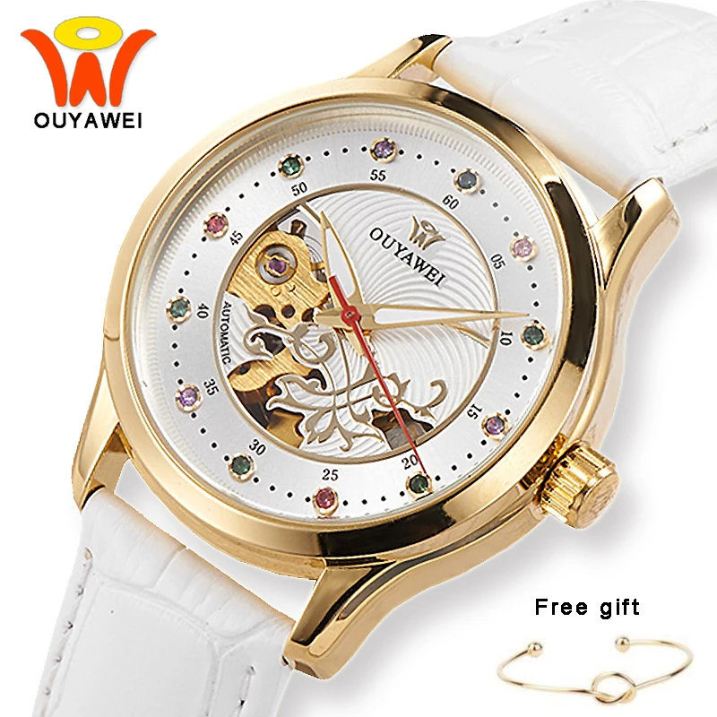 Автоматические женские часы Ouyawei с золотым скелетом, автоматические механические часы для женщин, женские кожаные прозрачные брендовые наручные часы