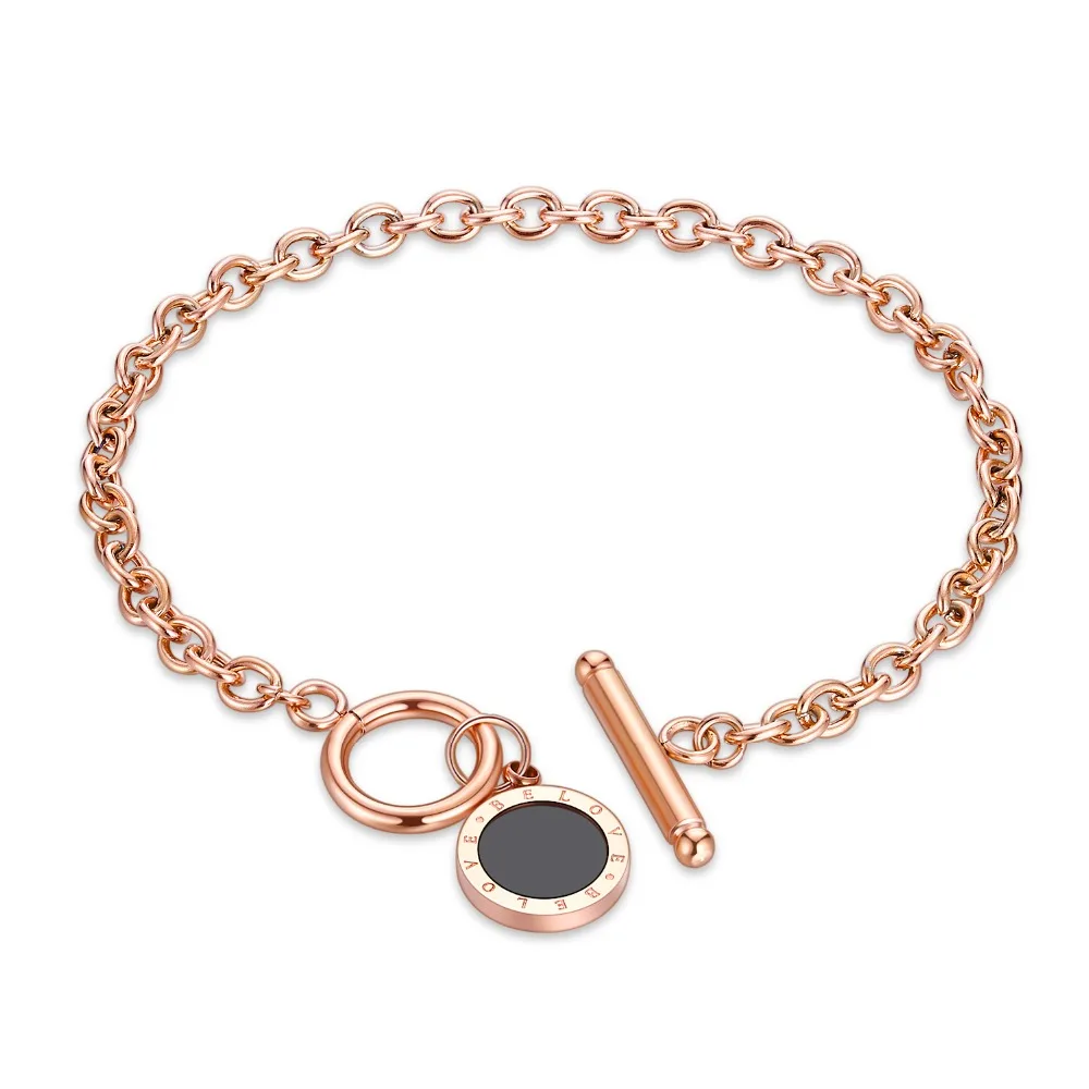 

Trendy black Round Stainless Steel woman Bracelets Bangles Charm rose gold color Chain Jewelry Gift