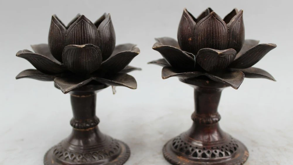 

6" China Chinese Dynasty Palace Bronze lotus flower Candle Holder Candlestick