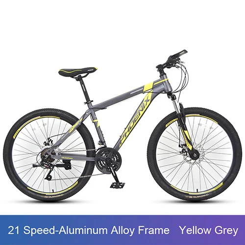 Phoenix 26 дюймов Шоссейный велосипед горный Микро-передача 27 Скорость фэтбайк переключатель горного велосипеда алюминия двойной дисковый тормоз - Цвет: 21 Speed-Yellow Grey