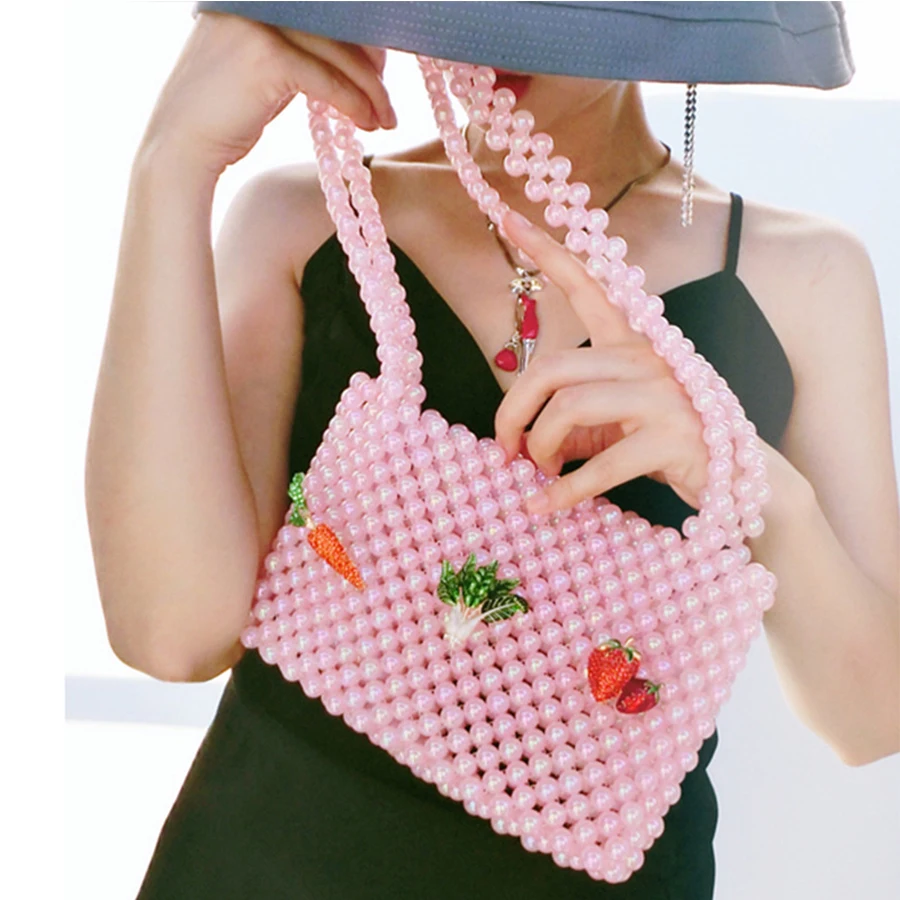 

Luxury Women Handbag Handmade Woven Pearl Bags Women Beaded Handbag Beads Shoulder Bag Evening Bag Clutch Purse Pink Bag