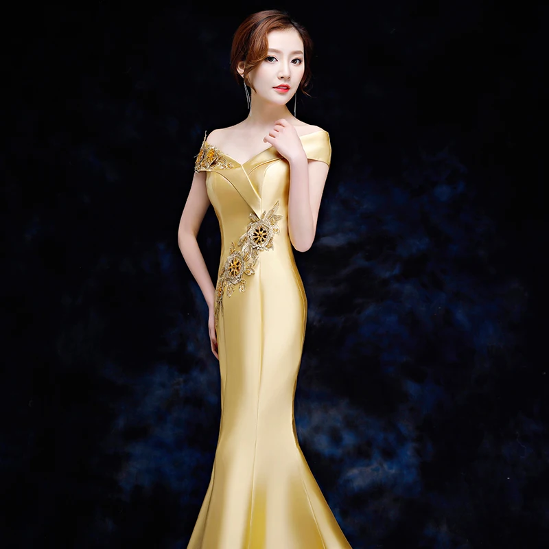 Elegant Women Mermaid Slim Qipao Sexy Off Shoulder Cheongsam Full Length Vestidos Female Evening Party Chinese Dress Size S-XXL