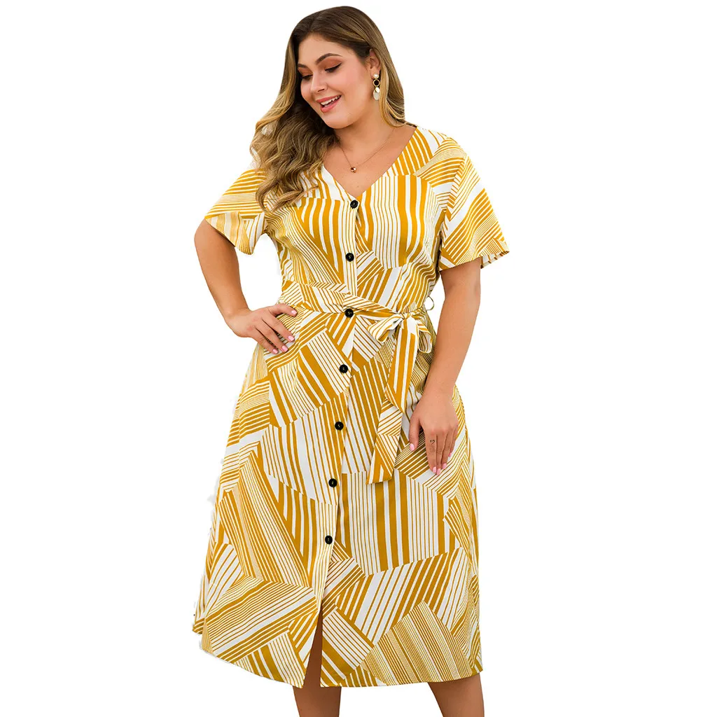 

Plus Size 4XL Women's Fashion Summer Classic Dresses Short Sleeve V Neck Button Decorative Swing Midi Dresses Vestidos#J30