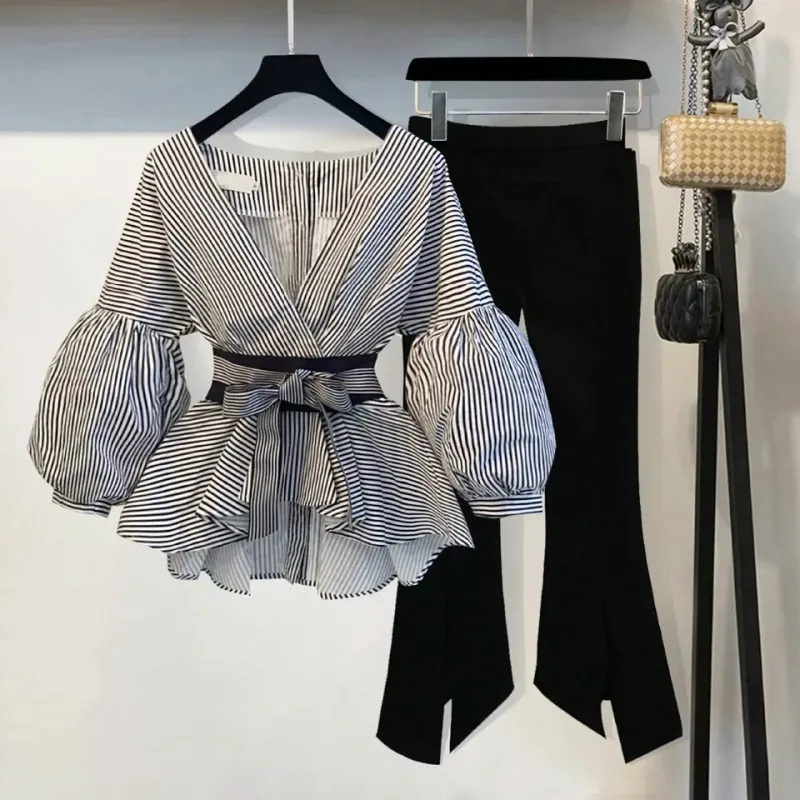

2019 Spring And Autumn New Women's Ladies Small Fragrance Style Two-Piece Striped Puff Sleeve Shirt Flare Pants Two-Piece Sets