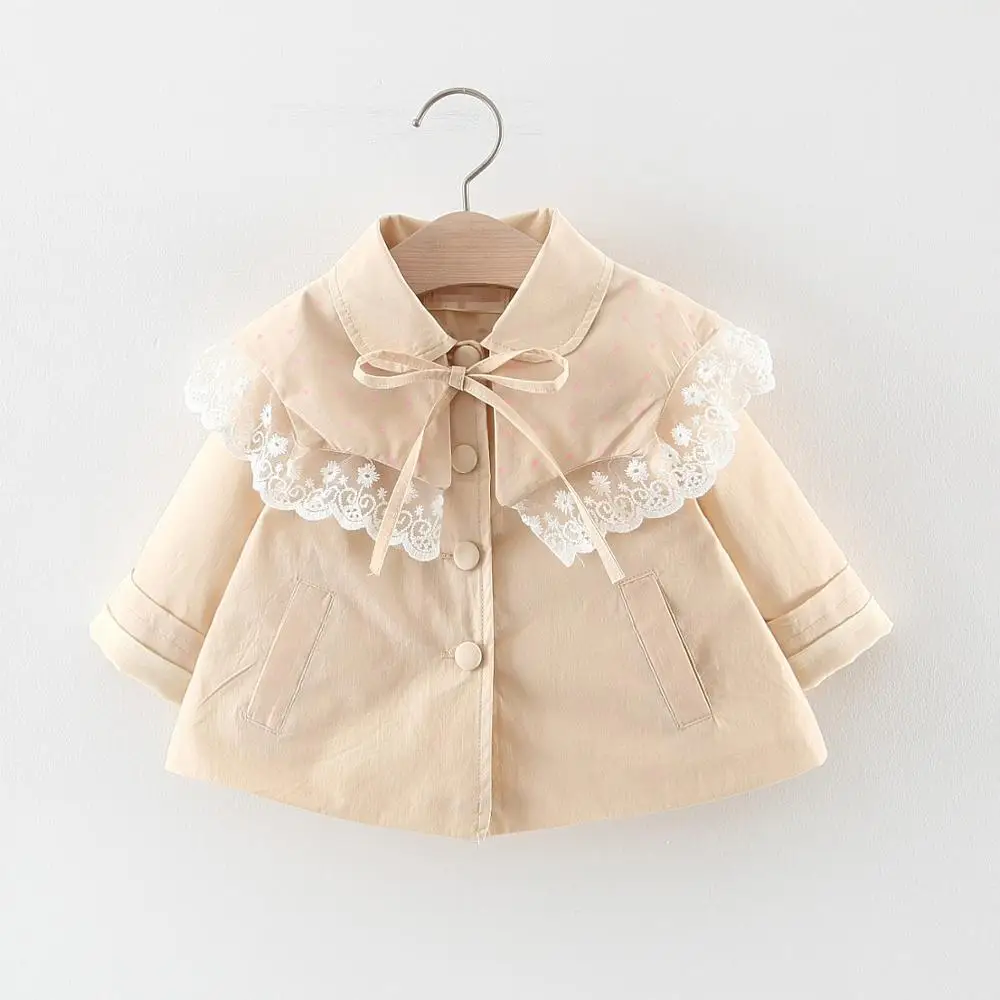 Autumn Baby Girls Long Sleeve Lace Lapel Collar Princess Party Trench Children Kids Jacket Coats Fashion Outerwear casaco