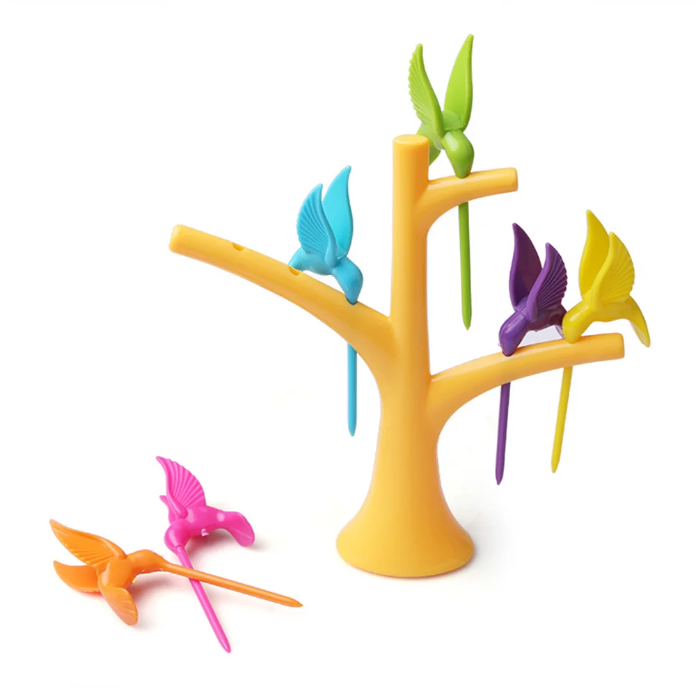

Hot Sale New 6 pcs +1 Stand Birds Tree Shape Fruits Fork Plastic Vegetable Fork Fruit Snack Dessert Forks Holder For Party