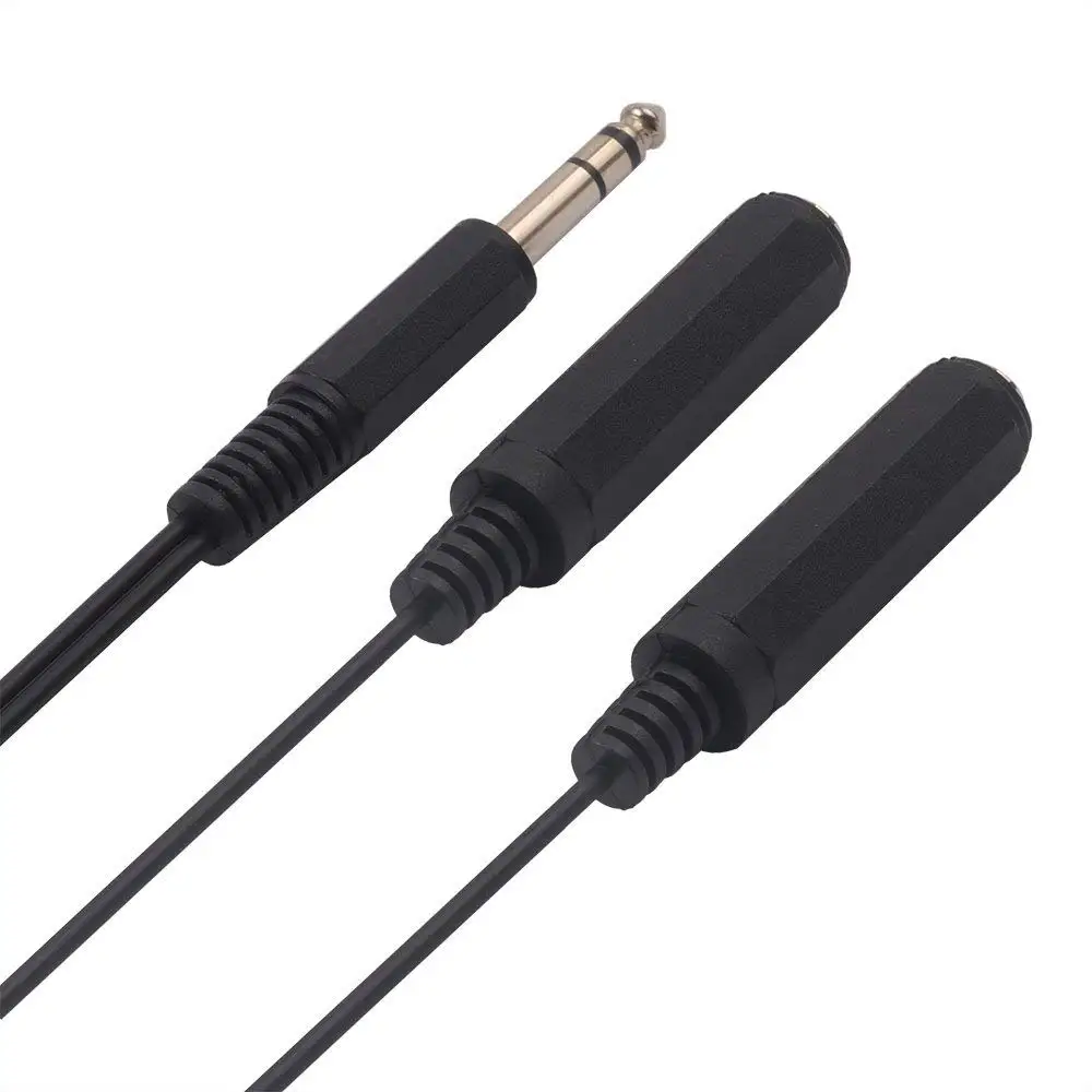  6.35mm Stereo Male Plug to 2 Dual 6.35mm Female Jack Splitter Adapter Cable Cord Gold Plated - 0.6 Feet