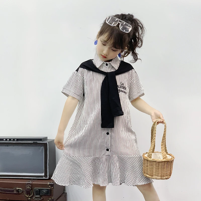 

Girls dress 2019 summer new children loose striped shawl short sleeve fashion printed shirt dress