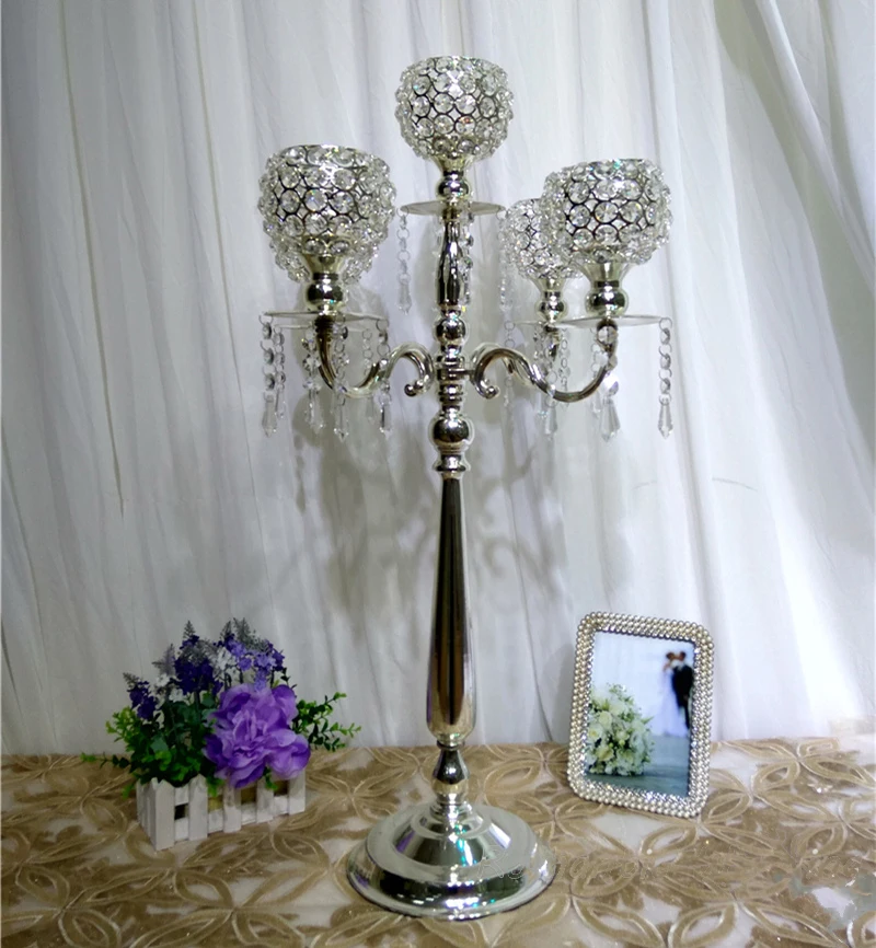 76cm Tall Silver Wedding Crystal Candelabras candle holder Flower Vasein Glow Party Supplies