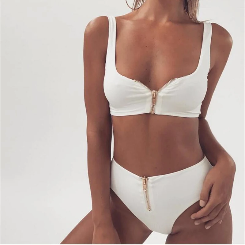 

High Waist Bikini Women Swimwear Two-pieces Bikinis Set Zipper 2019 Summer Bather Bathing Suit Swim Swimming Suit White Biquini