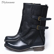 Stylesowner персональная трещина высокого качества сохраняющие тепло зимние рыцарские сапоги низкий каблук корова кожаная мягкая подошва удобные женские сапоги