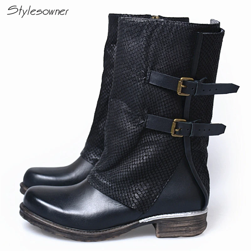 

Stylesowner Personal Crack High Quality Keep Warm Winter Knight Boots Low Heels Cow Leather Soft Sole Comfortable Women Boots