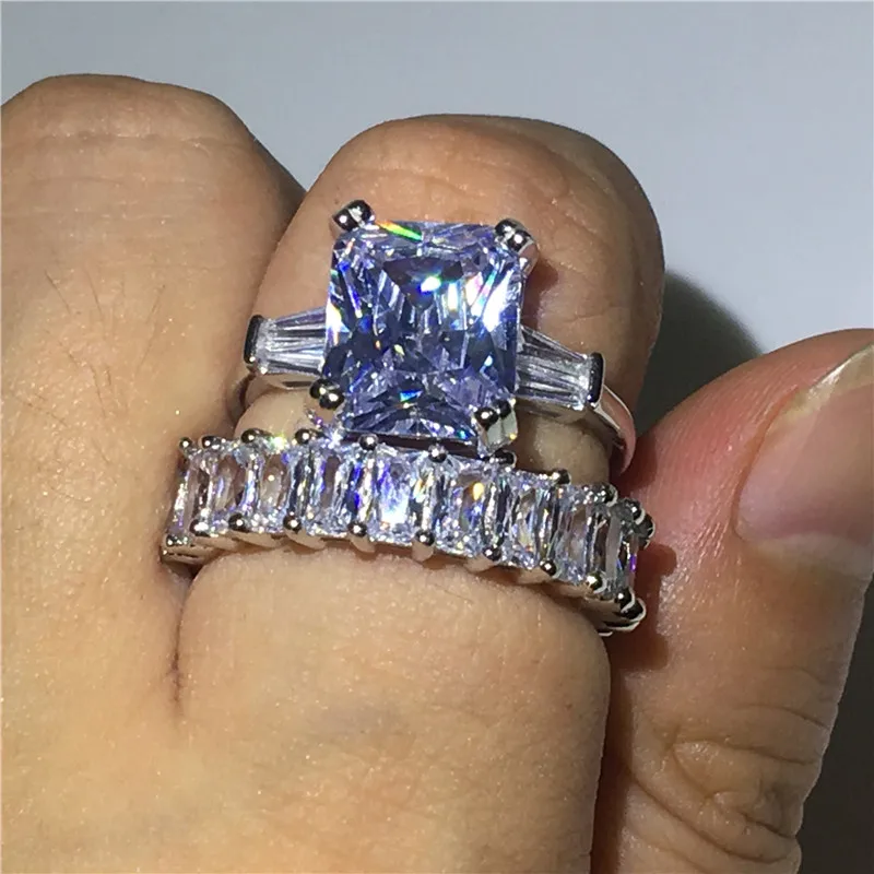 

Deluxe Promise ring set 100% Soild 925 Sterling silver Princess cut 4ct AAAAA Sona Cz Engagement wedding band ring for women Men