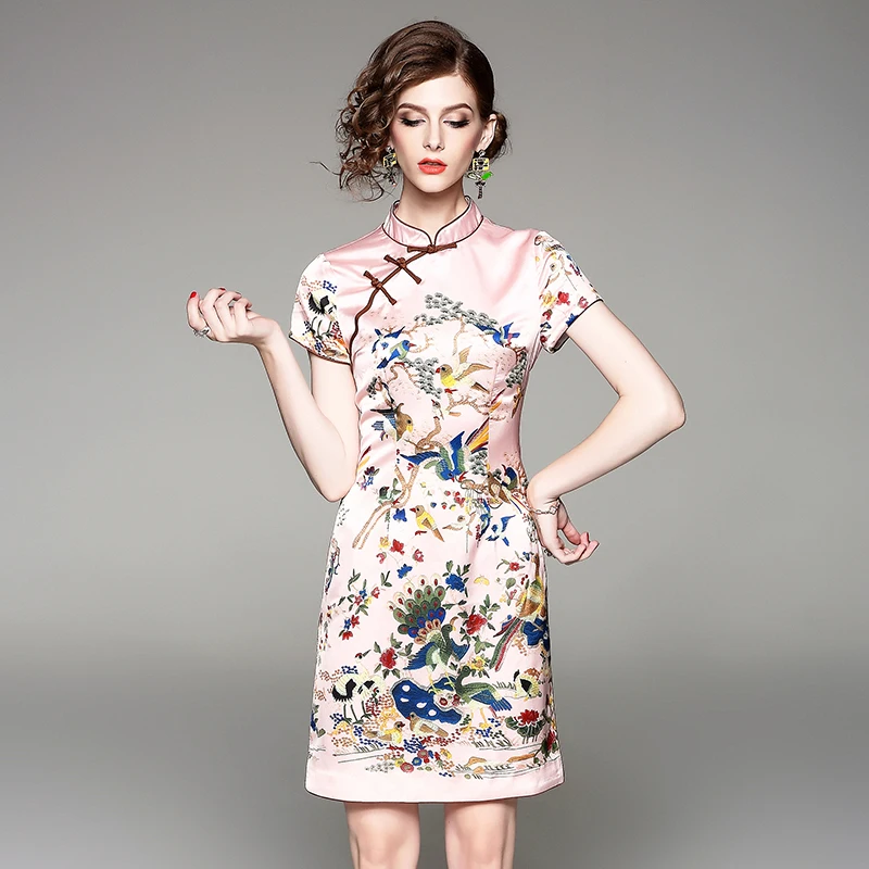 

2019 Mini Dress Sexy Celebrity Print Vintage Pink Button Slit Short Women Turtleneck Chinese Style Body con Dresses Wholesale