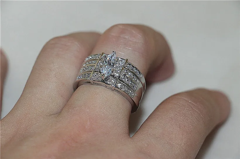 Мода ювелирные choucong белый огранка маркиз Diamant 5a Циркон 10KT кольцо из белого золота с камнями Свадебные Кольца Набор для Для женщин «3 в 1»