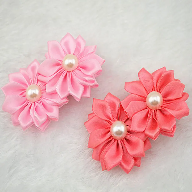 

Solid Colors Kanzashi Petal Flower Pearl Center Layered Satin Ribbon Hair Flowers with Alligator Clips 10pcs/pack