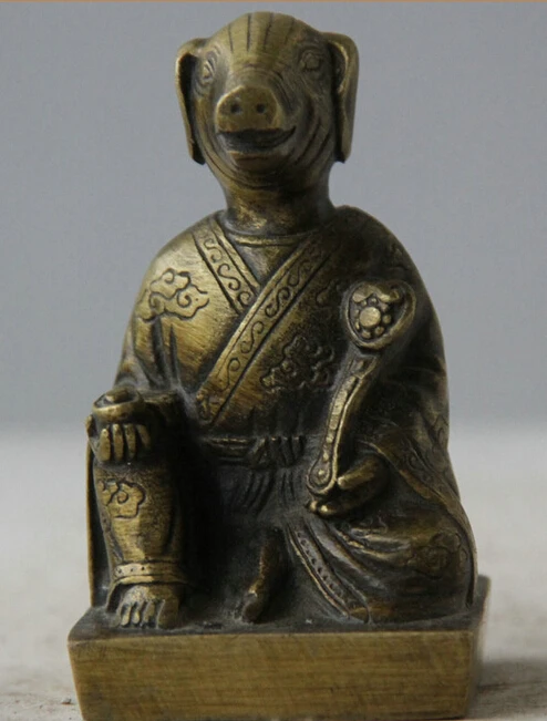 

Old Chinese Folk Copper Zodiac Year Pig Hog Swine Wealth Ru Yi Statue Sculpture S0706 B0403