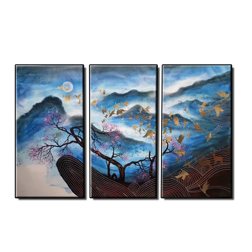 

Free Shipping 3 Pieces Gold Foil Abstract Handmade Landscape Oil Painting Art Wall Paintings Decoration Pieces Art Unframed