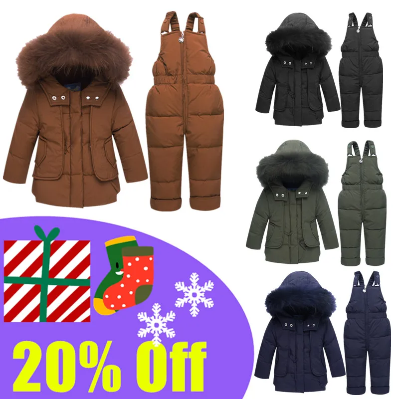

New Infant Baby Down Jackets Suit Baby Girls Thickening Warm Duck Down Jacket+Pant Baby Boys Big Fur Hooded Down -25 Degrees