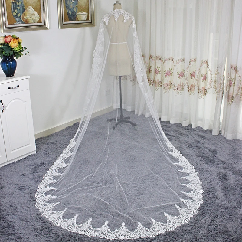 280CM Ivory Long Catherdal Wedding Veils One Layer Lace Edge White Bridal Veils Cheap Womens Wedding Accessories Free Shipping