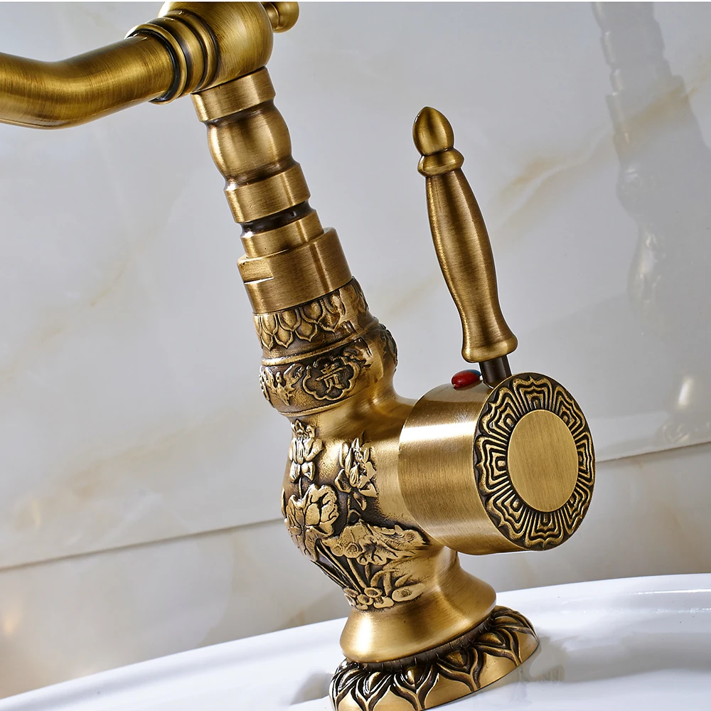 Basin Faucet Bathroom Faucet Rozin Antique Brass Basin Faucet Long nose Spout Flower Carved Wash Sink Tap 360 Rotation Single Handle Mixer Tap Torneiras