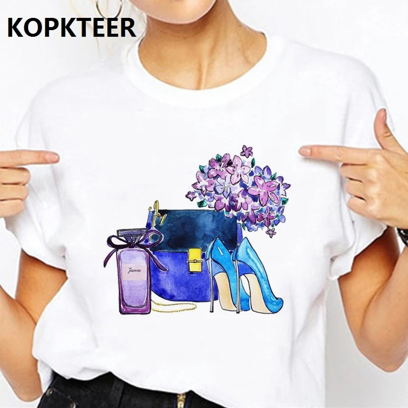

Women Clothes 2019 Tee Shirt Femme Harajuku T Shirt Bag Shoes and Flowers Graphic Tees Streetwear Tops Vintage Camiseta Mujer