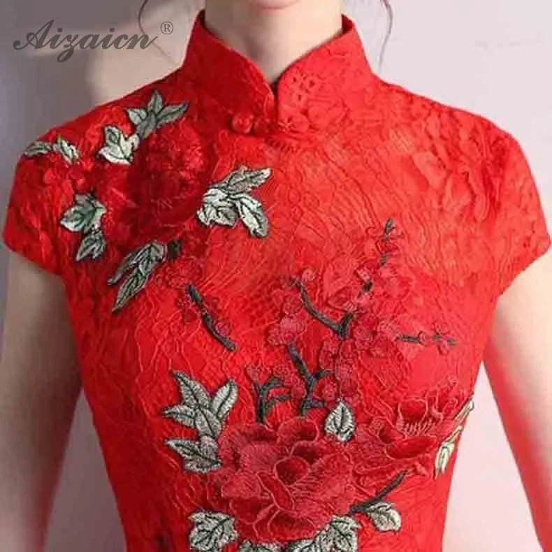 Corto Qi Pao chino tradicional, vestido de boda de moda Cheongsam Novia de encaje elegante vestido Китай Qipao estilo Восточный