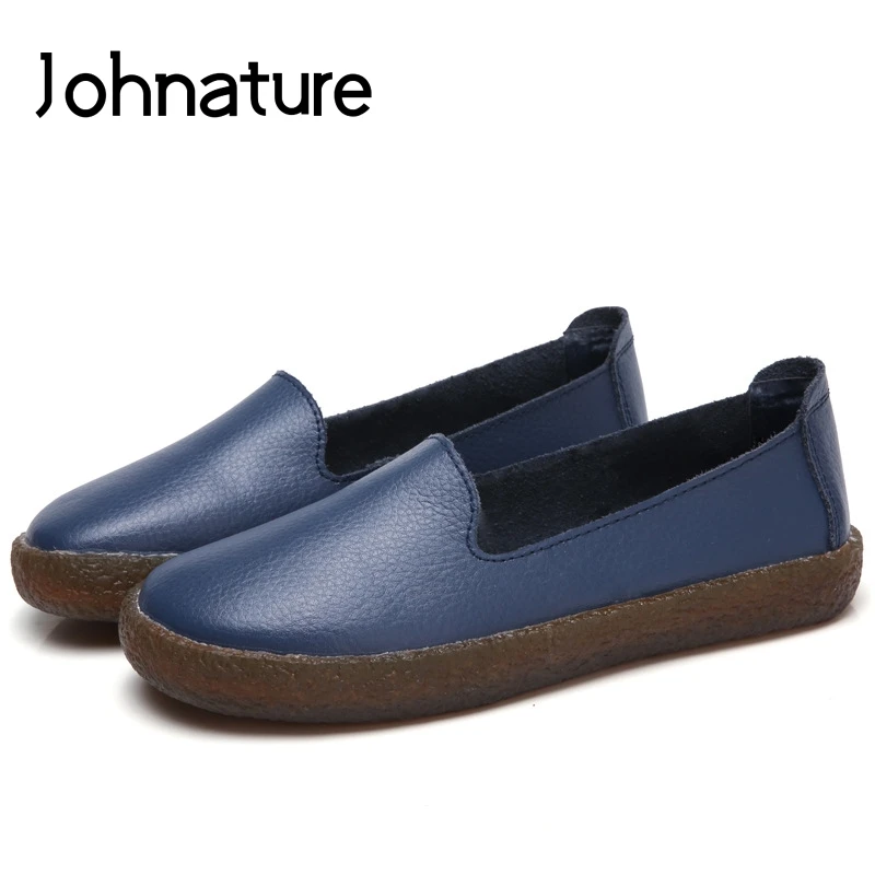 

Johnature 2019 New Spring/autumn Genuine Leather Round Toe Solid Soft Sole Shallow Sewing Slip On Shoes For Women Flats Loafers