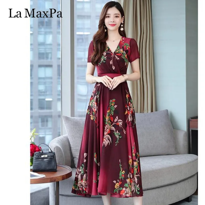 Loose Large Size Beach Vacation Dress New Arrival Print Chiffon Dress V Neck Fashion Elegant midi dress Casual korean dress