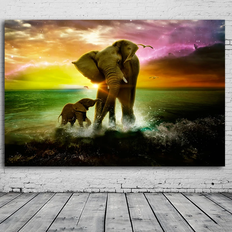 

Frameless Animal Decorative Painting Elephant Mother and Child Playing Canvas Prints Poster Colorful Sky Landscape Wall Painting