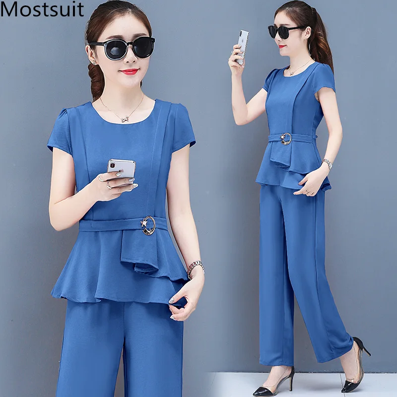 

2019 Summer Chiffon 2 Two Piece Sets Outfits Women Plus Size Short Sleeve Tunics Tops And Pants Suits Office Elegant Korean Sets